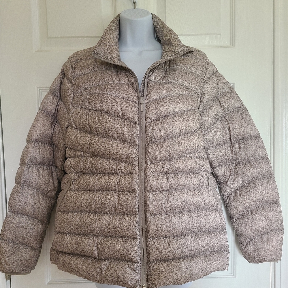 Lands End Mottled Gray White Lightweight Puffer Jacket Coat Size L